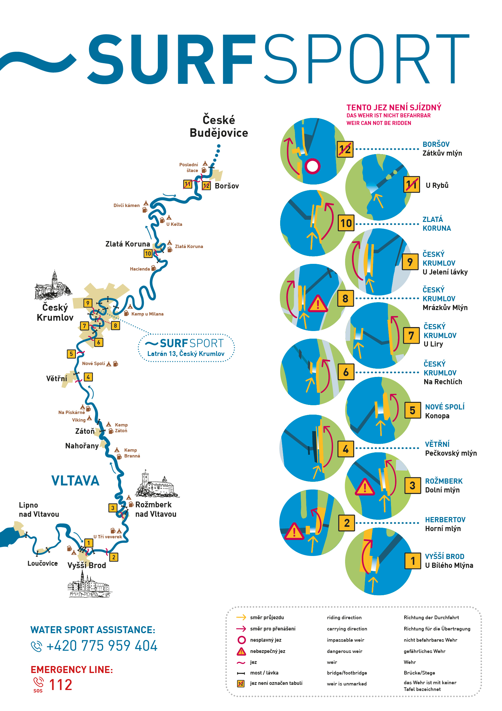 Vodácká mapa horního toku Vltavy jezy a kempy.